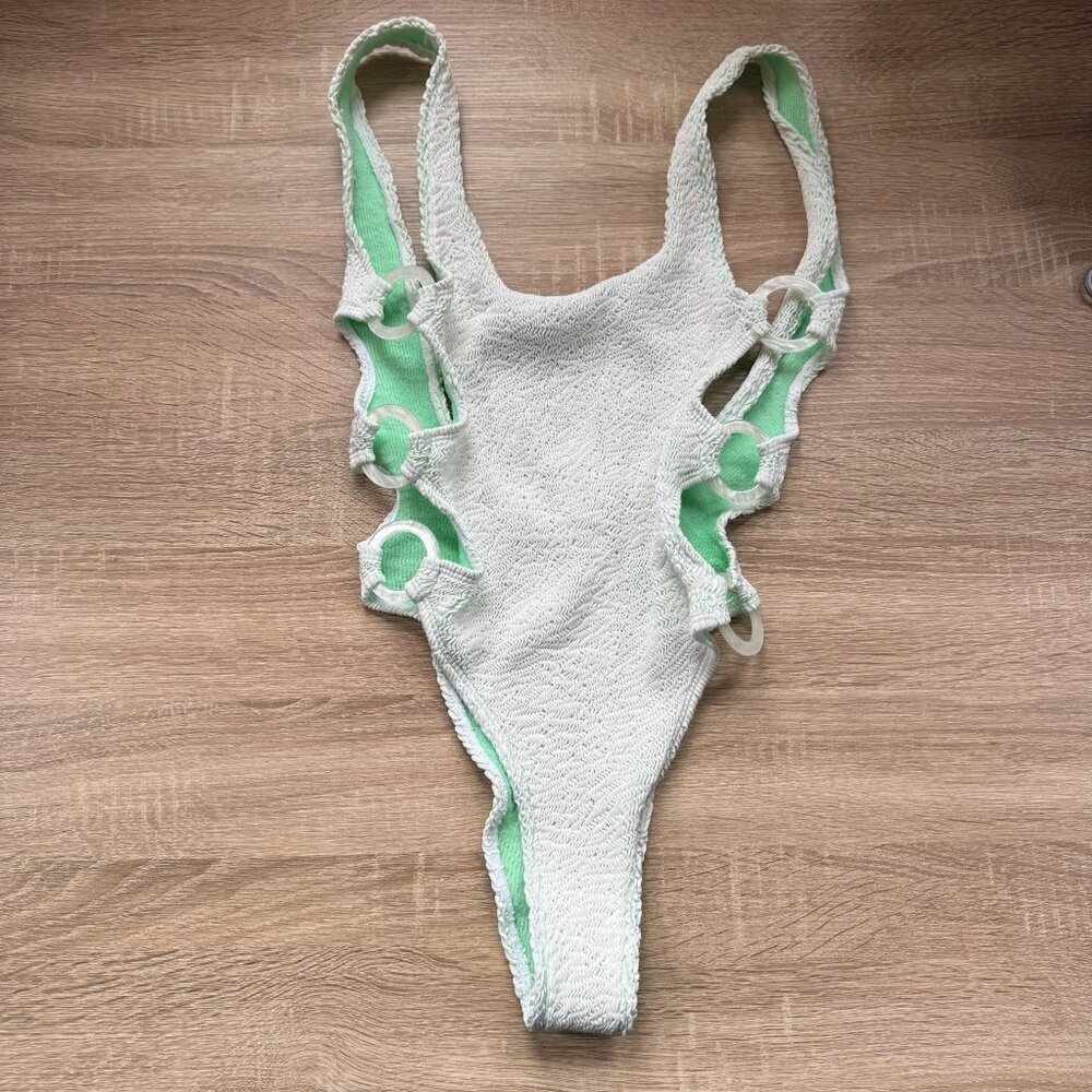 New Free People Cleonie Gili Crinkle Maillot One-Piece Swimsuit White Green OS